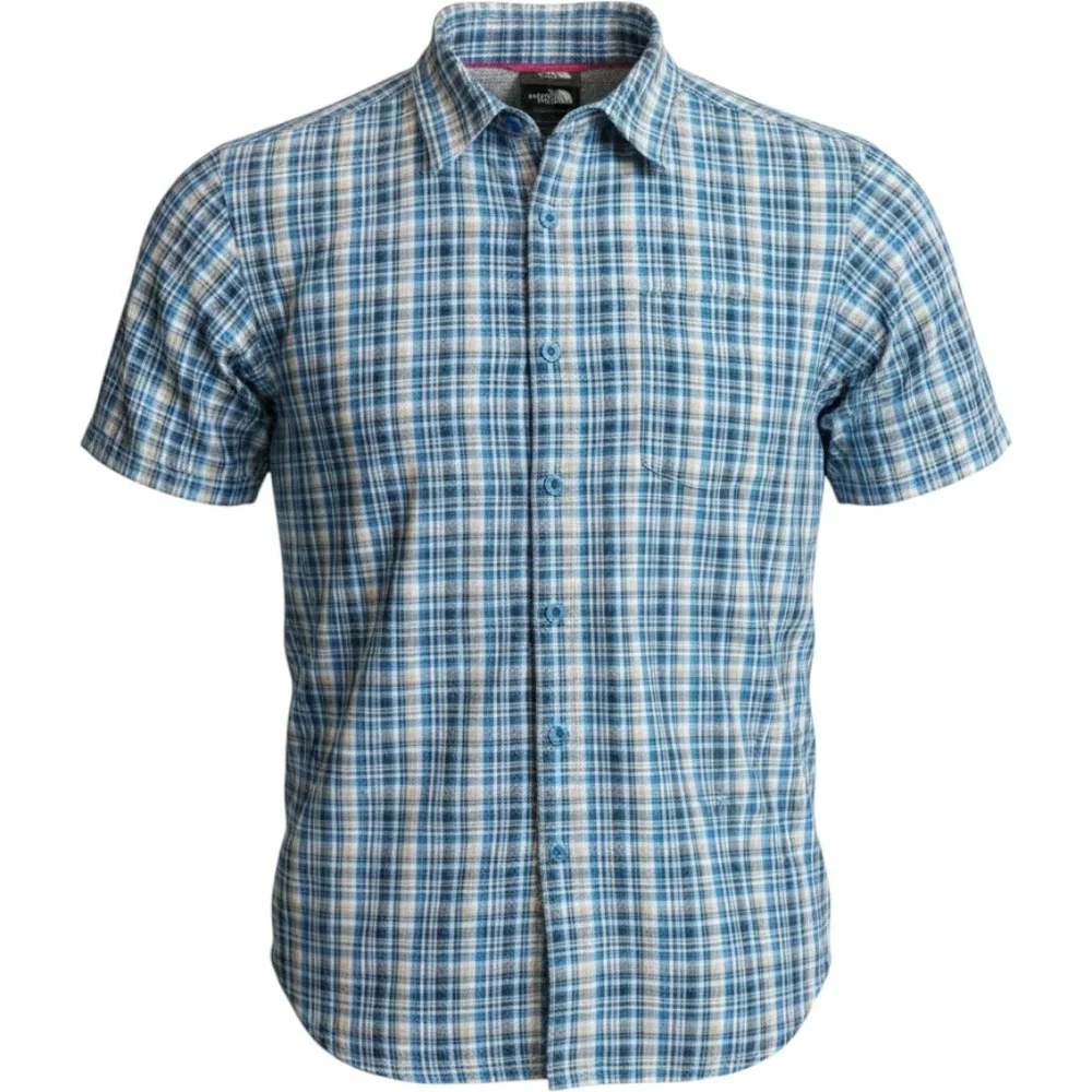 The North Face Plaid Button Down Mens M Blue Excellent Short Sleeve Hiking Shirt